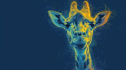  a close up of a giraffe's face on a blue background with a yellow and red line in the middle of the giraffe's face.