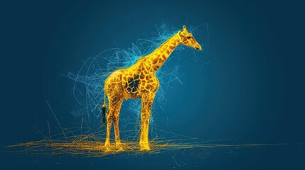 a giraffe standing in the middle of a blue background with lines in the shape of the head and neck of a giraffe in the foreground.