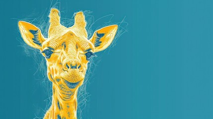  a close up of a giraffe's head with a blue sky in the back ground and a yellow giraffe's head in the foreground.