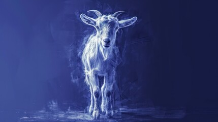  a digital painting of a goat standing in a dark blue room with smoke coming out of it's ears and looking at the camera with a serious look on its face.