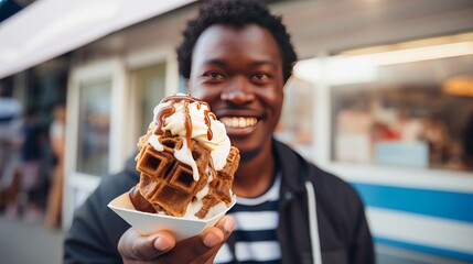 Man holds bubble waffle from street food truck