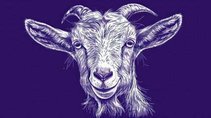  a close up of a goat's face on a purple background with a white outline on the front of the goat's head and bottom half of the goat's head.