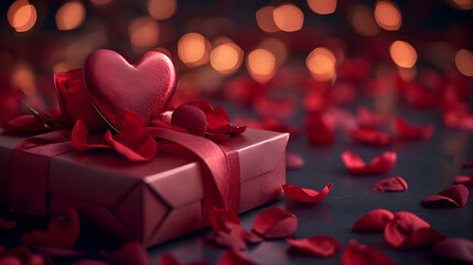 red wrapped gift box and paper heart, valentines present, generative ai - 723274992