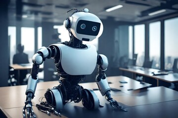 A translucent neon android robot stands in an empty office, a room with large windows and holds a translucent suitcase. Futuristic illustration. Gift or delivery, close up view.