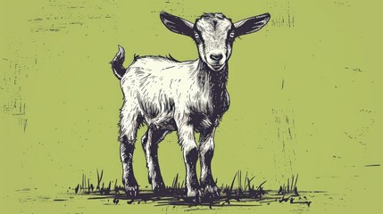  a black and white drawing of a goat standing on a grass covered field with a green wall behind it and a black and white drawing of a goat on a green background.