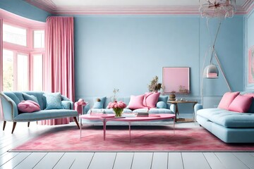 light Blue and pink living room interior design. 