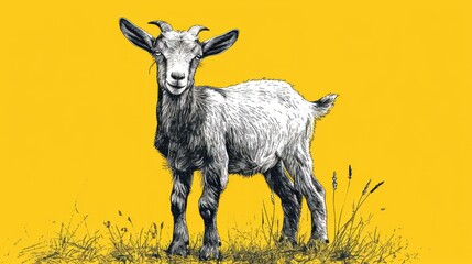  a black and white drawing of a goat standing on top of a grass covered field next to a yellow wall with a black and white drawing of a goat on it's head.