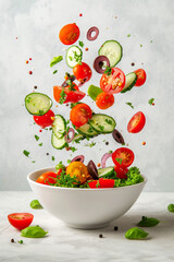Close-up of Greek salad flying into a bowl against an unusual background. Minimalist illustration. Mediterranean cuisine.