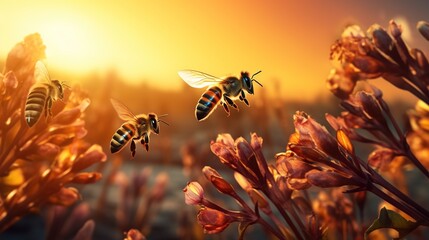 Group of bee is flaying at the flowers garden with beautiful sunset view in the summer season. Created with Generative AI - obrazy, fototapety, plakaty