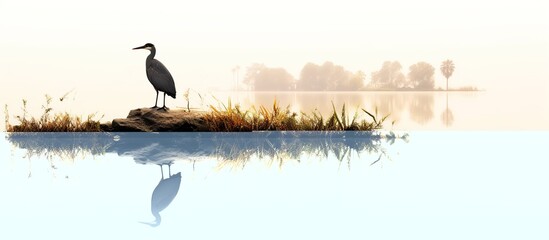 High contrast image of a black heron fishing at a river, - obrazy, fototapety, plakaty