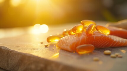 Vitamin D capsule resting on a fresh, oily fish fillet, symbolizing a rich source of Omega-3 fatty acids and essential nutrients for boosting the immune system and maintaining overall health. - obrazy, fototapety, plakaty