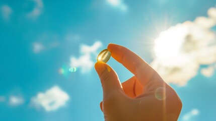 Fish oil capsule, symbolizing vitamin D supplementation. The background is bathed in warm sunlight, emphasizing the importance of vitamin D for a robust immune system and overall health. - obrazy, fototapety, plakaty
