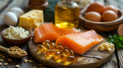 Vitamin D rich foods and supplements, showcasing natural sources like fish, eggs, and fortified cereals, alongside bottles of omega-3 capsules, all promoting a strong immune system. - obrazy, fototapety, plakaty