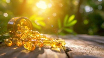 Close-up of Vitamin D supplement capsules alongside Omega-3 and fish oil gel capsules, commonly used to boost the immune system and improve overall health. - obrazy, fototapety, plakaty