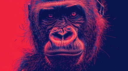  a close up of a monkey's face on a red and blue background with a blurry image of a gorilla's face on it's left side.