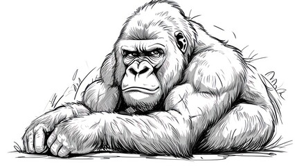  a drawing of a gorilla sitting on the ground with his legs crossed and his head resting on the ground, with his hands on his knees, looking to the side.