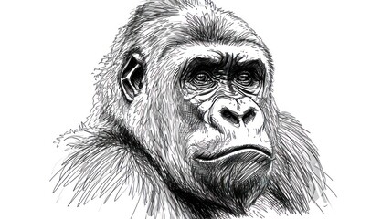  a drawing of a gorilla's face in black and white, with a single line drawing of a gorilla's face in the center of the gorilla's left side.