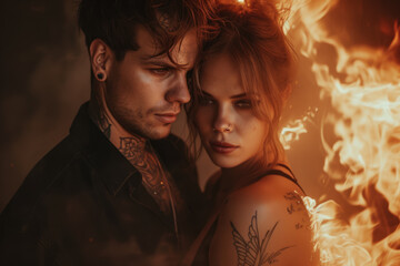 couple with a short hair and a tattoo and a professional overlay on the fire