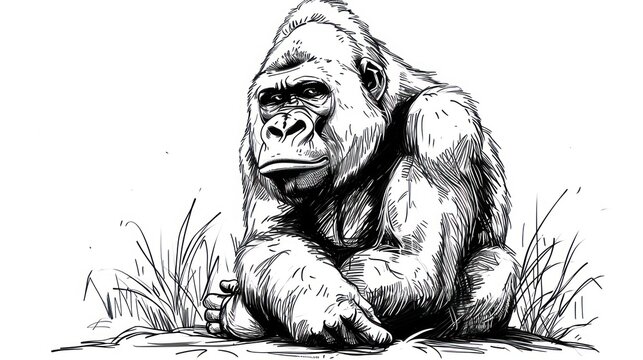 a black and white drawing of a gorilla sitting on the ground with his legs crossed and his head resting on the ground with his hands on his knees, looking.