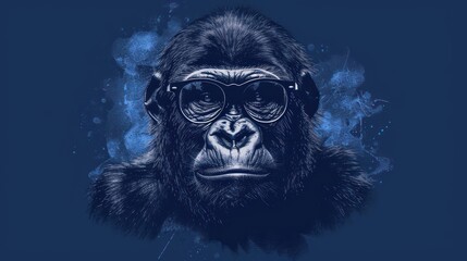  a gorilla wearing a pair of goggles in front of a dark blue background with a splash of paint on the upper half of the gorilla's face and lower half of the gorilla's face.