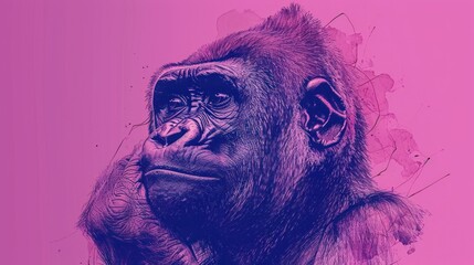  a close up of a gorilla face on a pink and purple background with a splash of paint on the upper half of the face and bottom half of the gorilla's head.