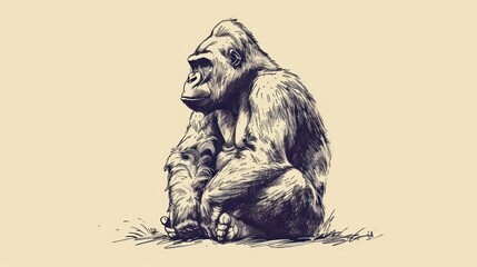  a drawing of a chimpan sitting on the ground with his legs crossed and his hand on the ground with his feet on the ground, with his feet on the ground.