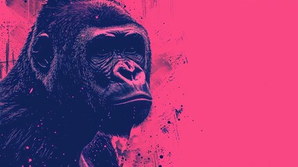  a close up of a gorilla on a pink and blue background with a splash of paint on the bottom of the gorilla's face and bottom half of the gorilla's head.