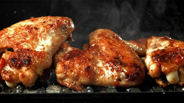 Chicken wings are fried in a pan. Filmed on a high-speed camera at 1000 fps. High quality FullHD footage