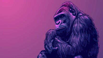  a drawing of a chimpan sitting on top of a tree branch in front of a pink and purple background with a black outline of a gorilla's head.