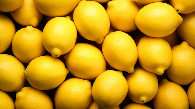 Ripe yellow lemons background or texture. Harvest of lemon. Many yellow lemons. Fresh lemons in the market