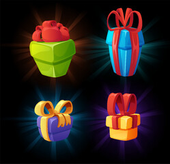 Gift box icons, set of game design elements, vector illustration on black