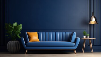 Modern living room dark blue wall with blue sofa and decor