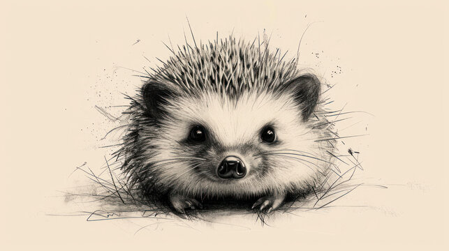  a black and white photo of a hedgehog looking at the camera with a sad look on it's face, with grass on the ground and behind it.