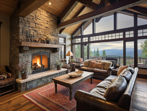 Cozy and authentic living room with a rustic touch, featuring exposed wooden beam on the ceiling.