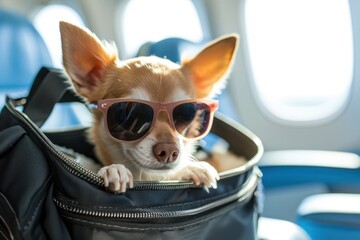 Chihuahua dog ready to travel in a bag or box wearing sunglasses as a pet on a plane