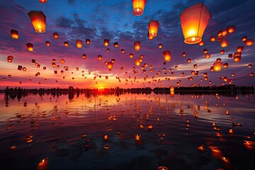 sunset with full sky with chinese lanterns lit up magical