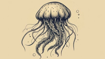  a drawing of a jellyfish in black and white on a beige background, with bubbles of water on the bottom of the head and bottom of the jellyfish's head. - obrazy, fototapety, plakaty