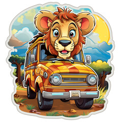 A safari jeep with lion sticker
