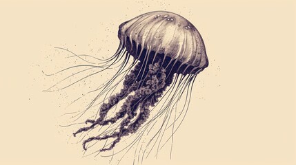  a drawing of a jellyfish in black and white on a beige background, with water droplets coming out of the bottom of the jellyfish's back end.