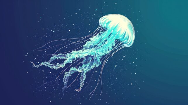  a blue jellyfish floating in the ocean on a dark blue background with white dots on the bottom of the jellyfish's head and bottom part of its body.
