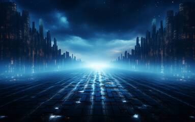 Digital night city in dark blue background