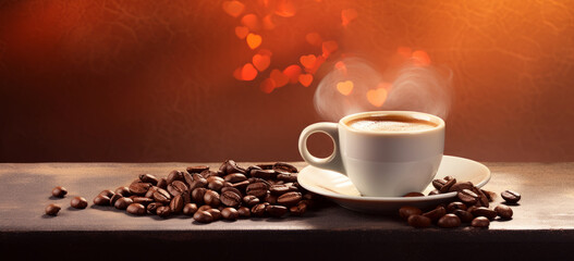 White cup of coffee with beans on a wooden background.