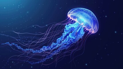 Fototapeta premium a close up of a jellyfish floating in the air with stars in the sky behind it and a bright blue glow on the bottom of the jellyfish's head.