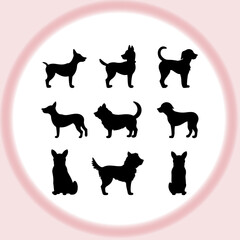 Coco dog black silhouette set. Cute icon of dogs. Dog vector illustration and logo style.

