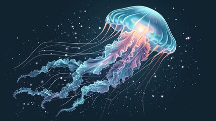  a painting of a jellyfish floating in the air with a star filled sky in the background and stars in the bottom right corner of the image, and bottom half of the jellyfish. - obrazy, fototapety, plakaty