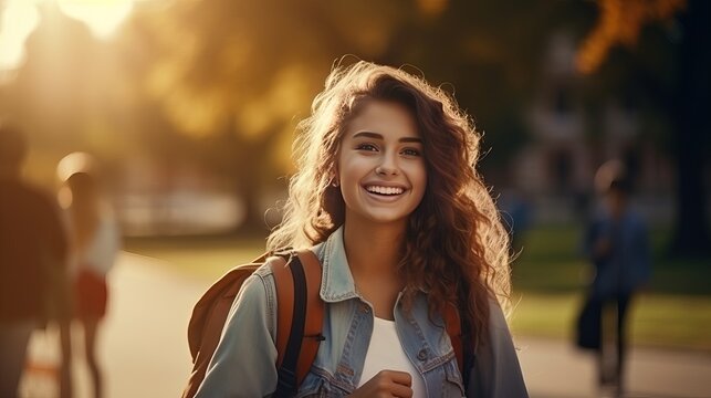Outdoor image of happy pretty schoolgirl posing while having walk in park after lectures at college, smiling broadly, embracing copybooks