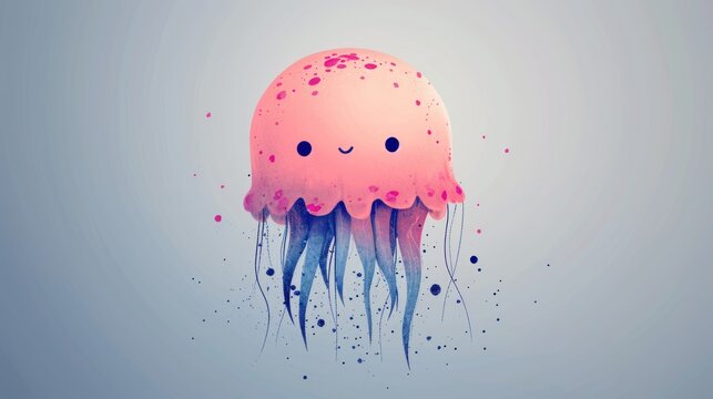  a pink and blue jellyfish floating on top of a body of water with a smiley face drawn on the side of it's jellyfish is floating on a light blue background.