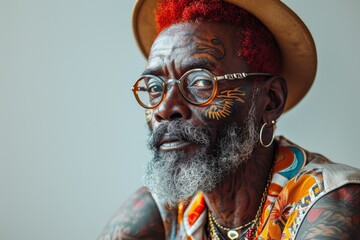 Portrait of an African man with tattoos on his face in orange clothes and glasses on a light background
