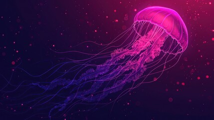  a purple jellyfish floating in a purple and pink water with bubbles on it's back and a black background with pink and purple bubbles on it's sides.