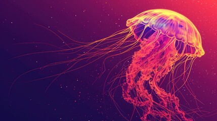  a close up of a jellyfish on a purple and red background with a pink and red background and a red and yellow jellyfish in the middle of it's head. - obrazy, fototapety, plakaty